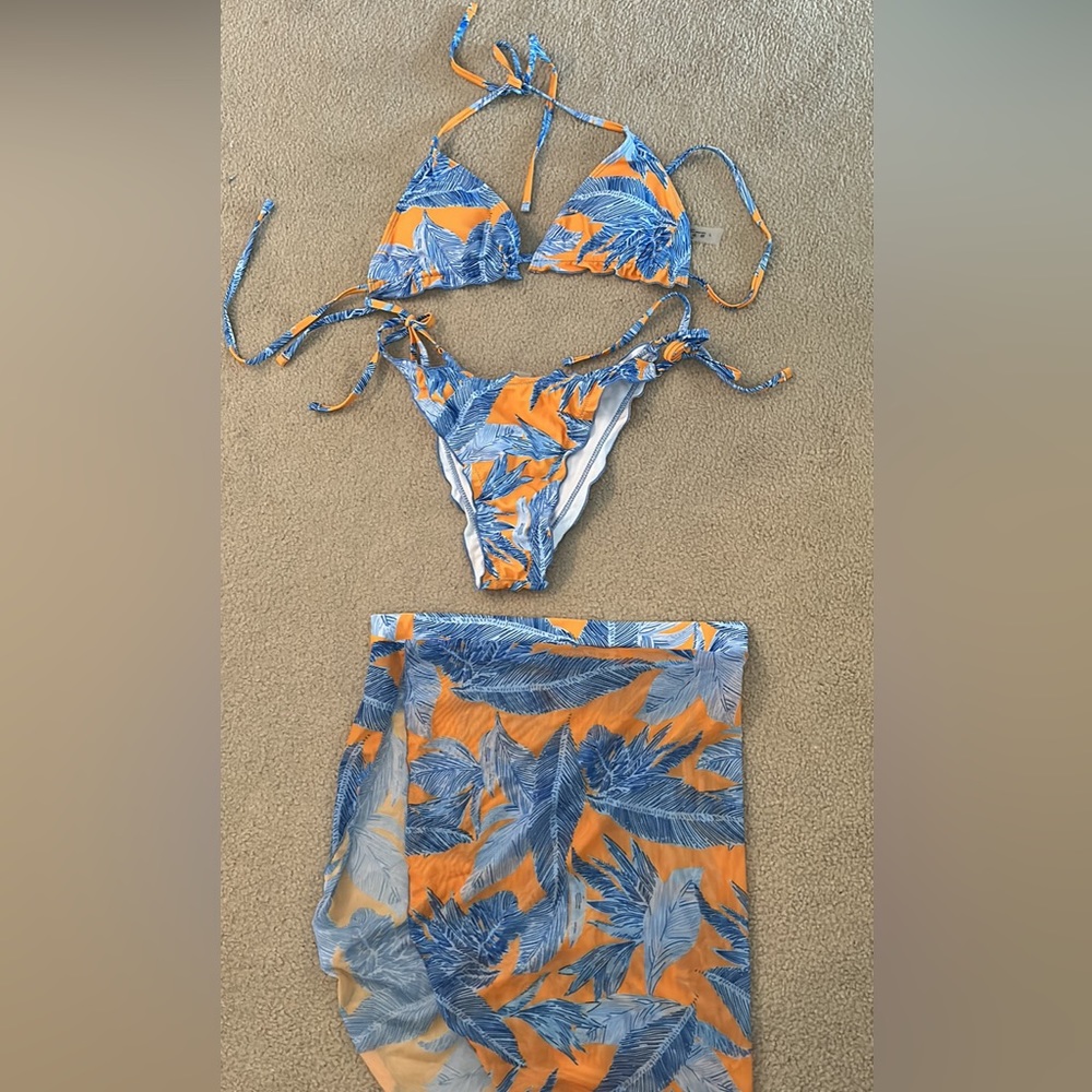 3 pc blue and orange bikini set size large